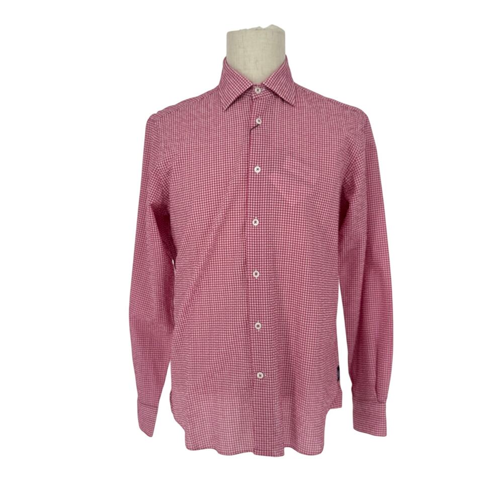 Robert Graham Button Front Long Sleeve Shirt Seersucker Plaid Check Red White M
